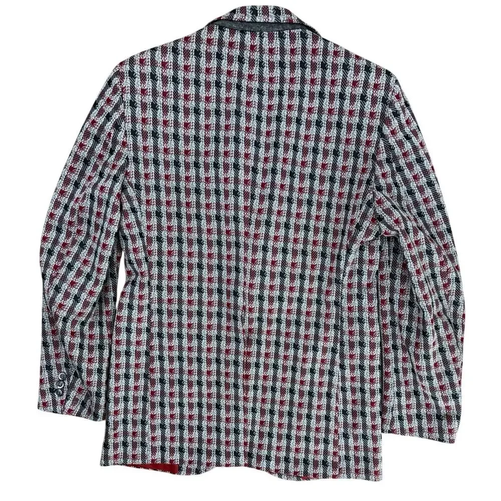 Vintage 70s Men's 38R Plaid Polyester Sport Coat Blazer Red Gray